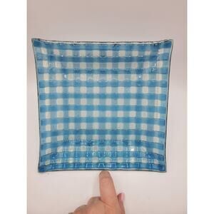Square Blue Basket Weave Style Fused Art Glass Decorative Plates